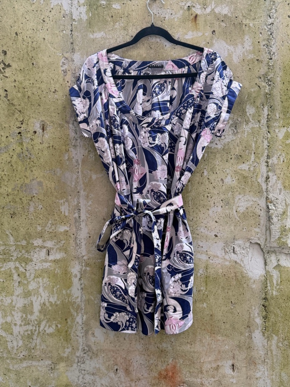 Sisley Floral Midi Dress with Belt, Navy / Gray / Pink, Large